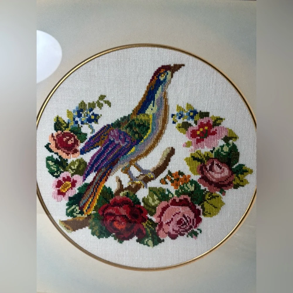 Pair of wood framed colourful bird cross stitch art pieces - Picture 4 of 12